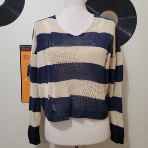BCBGMaxAzria | Distressed Navy & Beige Stripe V-Neck Sweater